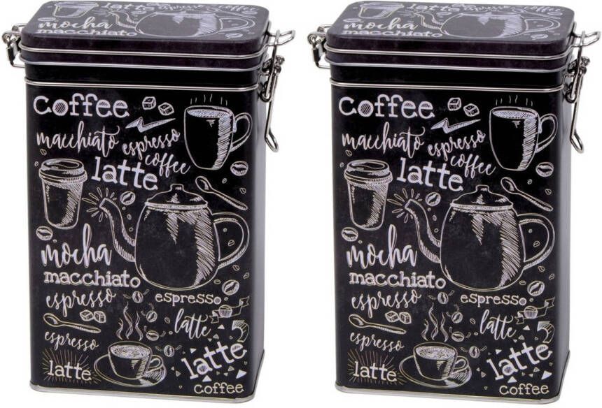 Trendoz 6x Stuks Zwarte Rechthoekige Koffieblikken/bewaarblikken Met Cafe Print 19 Cm Voorraadblikken